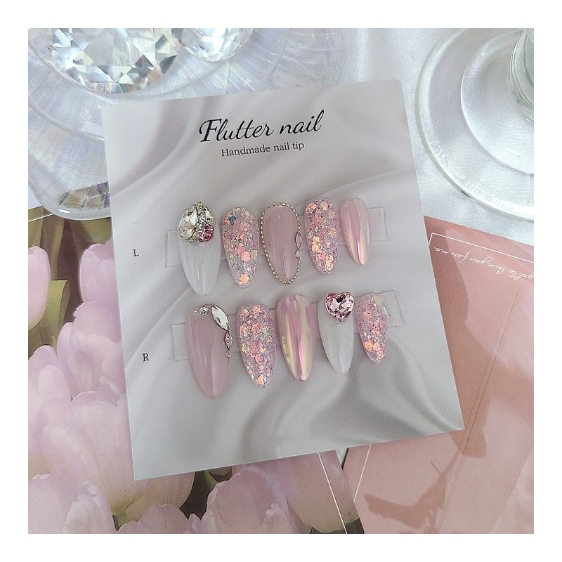 Lovely pink glitter handmade nail tip - Short Square /