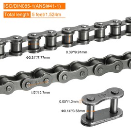 sourcing map 085-1/#41-1 Roller Chain 5 Feet 1/2" Pitch Carbon Steel Roller Chains with 2 Free Master Connector Links for Go-karts, Bicycles, 120 Links