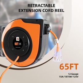EP Retractable Extension Cord Reel,65 Feet 12 AWG/3C SJTOW Heavy Duty Power Cord,15 AMP Circuit Breaker, 3-Lighted Triple Outlets,Ceiling or Wall Mount Use Indoor, Orange