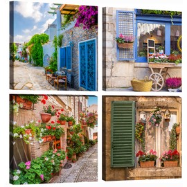 OKEXCKK Tuscan Wall Art Decor, Italy Window View Paintings Nature Landscape Pictures Mediterranean Street Canvas Prints for Bedroom, Living Room, Office Wall Decoration