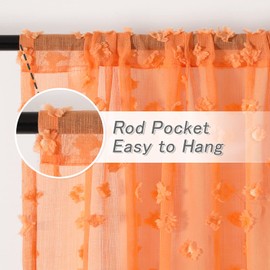 MYSKY HOME Orange Sheer Short Curtains with Pom Pom for Small Windows Bedroom Nursery Kids Girls Room Curtains Cafe Kitchen Light Filtering Boho Drapes, Rod Pocket,38 x 54 Inches, 2 Panels
