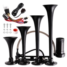 Train Horn drill Kit,12V 150db Super Loud Air Horns 4 Trumpet with compressor suitable for pickup/motorhome/SUV/truck/train (4-Trumpet with button)