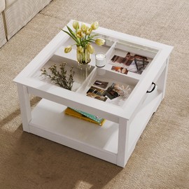 LINSY HOME Coffee Table, 31.5" Square Coffee Table with Glass Tabletop, Open Display Area and Storage Drawer, Modern Farmhouse Center Table for Living Room, White