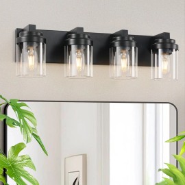 Matte Black 4-Light Bathroom Vanity Light Clear Glass Shade with Vanity Light Fixtures and Mirror Premium Bathroom LightingMaterial: Iron, Color: Black Color