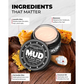Bossman MUDstache Unscented Mustache Wax for Men (1 oz) – Strong 24-Hour Hold, Non-Tacky & Easy to Apply for Taming & Styling