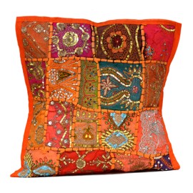 Amazingindiaonline An Ethnic Embroidery Sequin Patchwork Throw Pillow Cases Cushion Cover (Orange)