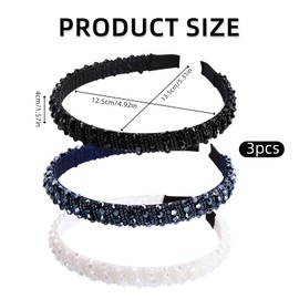 Pack of 3 Glitter Headbands, Rhinestone Hair Band, Bling, Crystal Headbands, Padded Headband Wide, Headband for Women with Crystal Beads, Wedding, Evening Party, Prom, Fashionable Headband