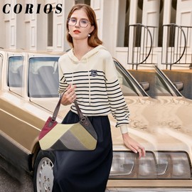 CORIOS Women Handbag Multi-Color Splice Striped Shoulder Bag Canvas Tote Bag Large Capacity Top Handle Bag Casual Hobo Bag for Shopping Office Travel Party Work Grey