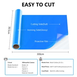 Hengrongshen Plotter Film Textile Blue, 30.5 cm x 300 cm Heat Transfer Vinyl Flex Film Rolls with Plotter Tool, Flex Film Plotter Textile for Cri-Cut & Silhouette DIY T-Shirt (Blue)