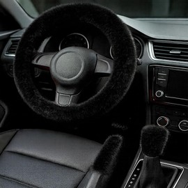 Fluffy Steering Wheel Cover 3PCS Set – Plush Fuzzy Fur Steering Wheel Cover with Gear Shift Cover & Handbrake Cover, Winter Warm Car Accessories, Car Interior Accessories for Women (Black)