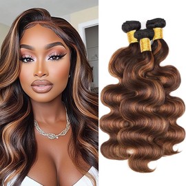 BilltiiWW P430 Body Wave Bundles Highlight Body Wave Human Hair Bundles Brown and Light Brown two tone Brazilian Human Hair Soft and Silky for Black Women 08 10 12 Inch