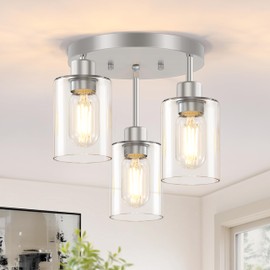 Feanron 3-Light Brushed Nickel Flush Mount Ceiling Light, Hallway Light Fixtures Ceiling Mount with Clear Glass Shades, Modern Close to Ceiling Light Fixtures for Kitchen Foyer Entrayway