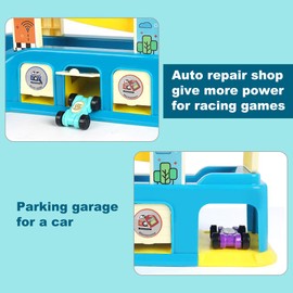 Gliding Toy Toddler Car Ramp Race Track With 6 Ramps 8 Mini Cars - Zig Zag Slide Racing Toys Gifts for Kids Boys Girls 3 4 5 6