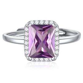 ChicSilver 8mm Emerald Shaped Birthstone Promise Ring for Her, 925 Sterling Silver Simulated Purple Alexandrite Gemstone Anniversary Wedding Engagement Band Rings for Women June Birthstone Jewelry