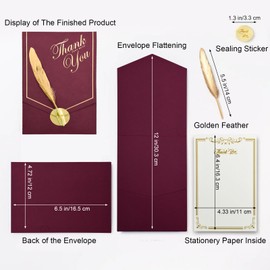 VANRA 10 Sets Stationery Paper with Envelopes Set Letter Writing Paper Envelopes with Feather for Thank You Letter, Invitations, Graduation (10 Writing Stationery Paper + 10 Wine Envelopes)