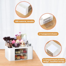KAHEIGN Desk Organiser with 2 Drawers, 19CM x 14CM Multi-Functional Desk Tidy Organiser Large Capacity Pen Holder Makeup Organizer for Kids Teacher Gift Office School Home Table Decor (White)