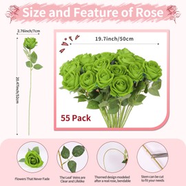 LetuoClips 55 PCS Fake Roses Artificial Flowers Bulk, Green Roses Bridal Bouquet Silk Faux Rose with Stems for Wedding Flowers Decoration, Valentine's Day, Bridal Bouquet, Anniversary,Home Decor (55PCS, Green)