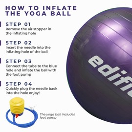 EDIFIT, Exercise Ball, 55, 65 and 75, Pezziball, Including Inflator, Pilates Ball, Sitting Ball, Pilates, Yoga Ball, Gymnastics (65 cm, Purple)