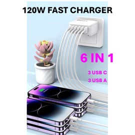 USB-Wandladegerät 120 W, 6 Ports, 3 USB-A, 3 USB-C, Schnellladung