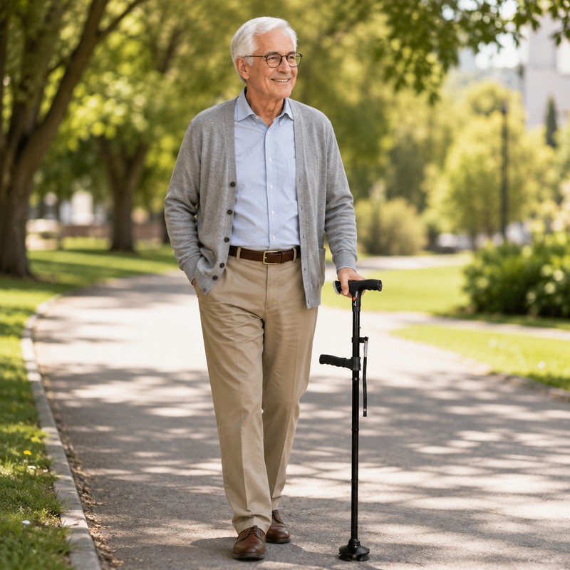 Folding Walking Cane for Senior Mobility – LED Light, Alarm