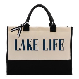 EDCTO Canvas Tote Bag, Cotton Canvas Tote Bag, Lake Trip Bag, Birthday Gifts for Women Friend Her, Canvas Tote Bags for Lake Life Lover, Canvas Beach Tote for Boating Weekend Holiday Overnight Travel