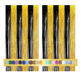 Pack of 2 New Year's Eve Tinsel Curtains Black Gold New Year Glitter Background Decoration Foil Fringe Birthday Wedding Party Decoration Streamers Decoration for Disco Party Wedding Party Decoration