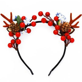 Vakkery Christmas Headband Reindeer Antler Headbands Christmas Costume Headpiece with Flower Christmas Party Hair Accessories for Women and Girls (Style C)