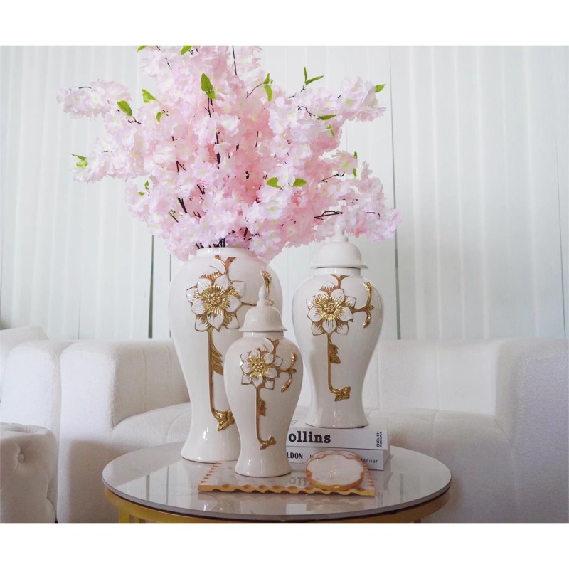 Homeroots 14" White and Gold Floral Urn Ceramic Ginger Jar
