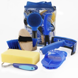 Perttypet Horse Care Set 9-Piece with Carry Bag, Horse Cleaning Set with Soft and Hard Wooden Horse Brushes, Hoof Pick, Mane Brush, Sweat Scraper, etc., Children's Cleaning Box for Horses, Blue
