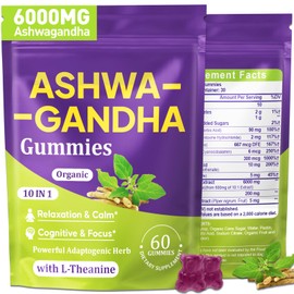 Ashwagandha Gummies - 10 in 1 Organic Ashwaganda Gummies for Women & Men, with L Theanine, Vitamin B6, Black Pepper for Relaxation*, Cognitive, Immune, Zzz, Cortisol, Vegan, Berry Flavor - 60 Count
