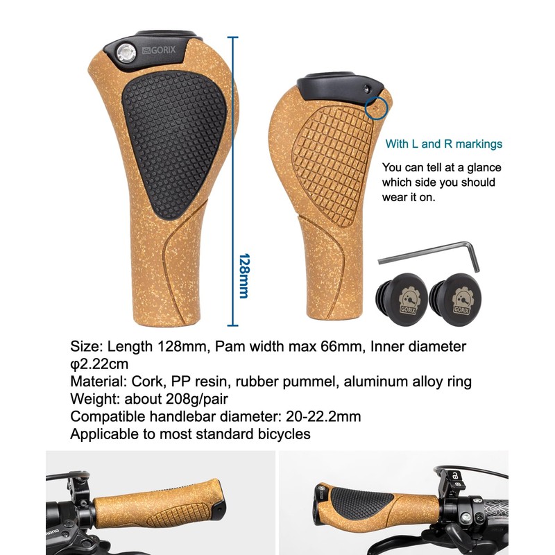 GORIX Bike Ergo Grips Cork Bar End Lock On Handlebar