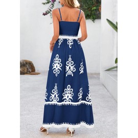 PRETTYGARDEN Summer Dress for Women 2025 Floral Sundress Spaghetti Strap Flowy Beach Vacation Boho Maxi Dresses (Dark Blue White Floral,XX-Large)