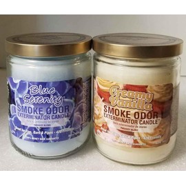 Smoke Odor Exterminator 13 oz Jar Candles Assortment Two Fragrances Bundle Blue Serenity/Creamy Vanilla.