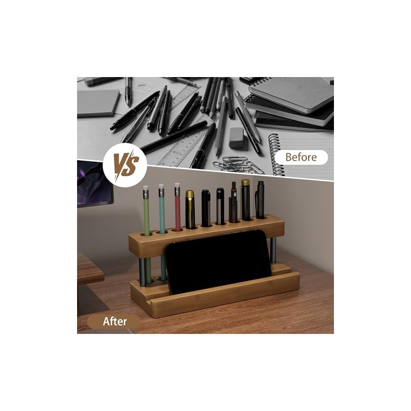 Elegant Solid Wood Pen Holder with Phone Compartment