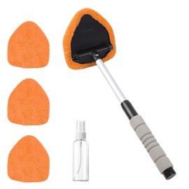 Wuyaoyao Car Windshield Cleaning Tool, Car Windshield Window Cleaner, Auto Window Glass Cleaning Kit with Extendable Handle & Reusable Microfiber Pad & Spray Bottle, Universal Car Accessories (Orange)