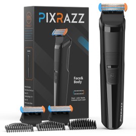 PIXRAZZ Body Trimmer for Men – Painless Ball Shaver, Groin Trimmer for Pubic Hair, Body and Sensitive Skin – USB-C Cordless Electric Razor with 2 Replacement Blades, 3 Guide Combs