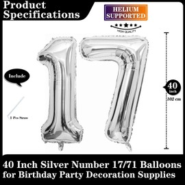 Silver 17 Number Balloons, 40 Inch Giant Number 17 Balloons Foil Mylar Helium Silver Number Balloons for 17th Birthday Party Supplies Anniversary Event Celebration Decorations