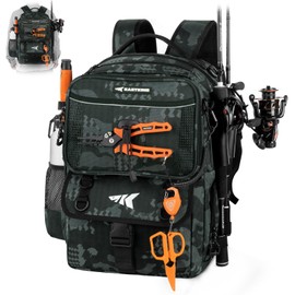 KastKing BaitSpace 50L Fishing Tackle Backpack with Removable Bait Binder,2 Rod Holders Storage Fishing Gear and Equipment,Black Camo