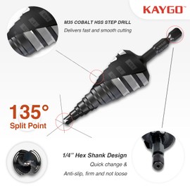 KAYGO M35 Step Drill Bit for metal, 3/16 to 7/8 inch Step Drill Bits for Stainless Steel Aluminum Wood Plastic,1/4 -inch Hex Shank,Spriral Drouble-Fluted