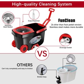 FunClean 360° Spin Mop and Bucket Set with Wringer, 6 Extra Microfiber Heads, 61" Extended Handle for Effortless Floor Cleaning, 2X Wheel Design - Black
