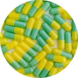 DR T&T 200 gelatin gelatine Capsules size 0 light green yellow body top separated