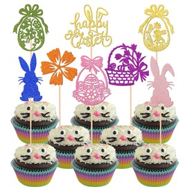 32 piezas de decoración para magdalenas de Pascua con purpurina colorida, conejo, huevo, Pascua, conejo, cupcakes, púas para feliz día de Pascua, baby shower, niños, fiesta de cumpleaños, decoración de pasteles