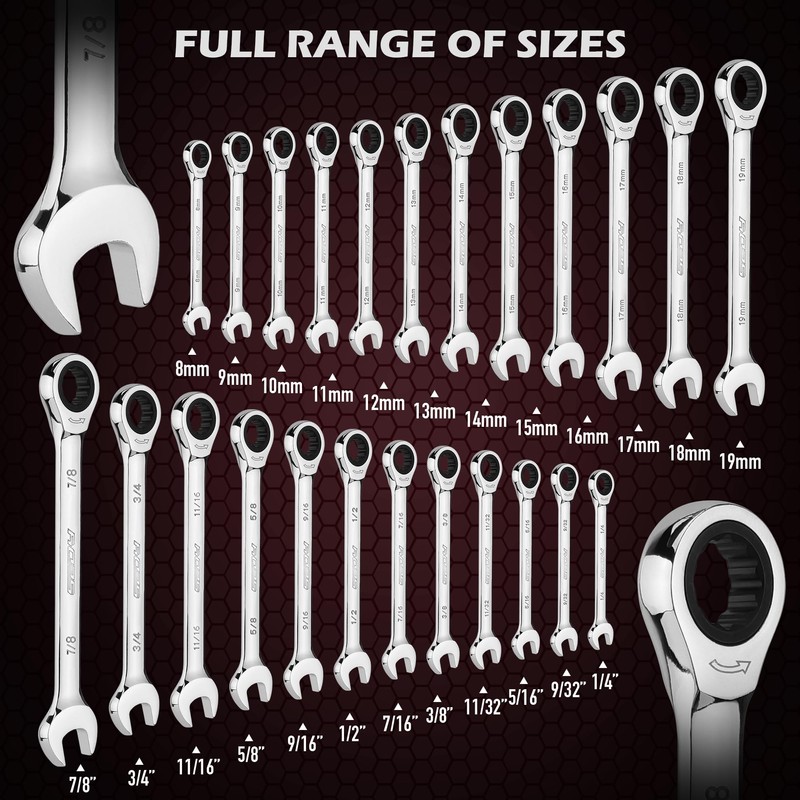 Premium 24-Piece Ratcheting Wrench Set, SAE & Metric Combination Wrenches,
