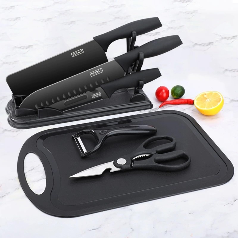 7-Piece Black Knife Set with Stand，Professional Kitchen Knife Set with