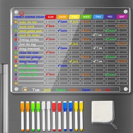 PigPotParty Magnetic Chore Chart for Kids Multiple Kids, Family Chore Chart for Fridge, 16"x 12" Acrylic Chore Board for Teens Adults, Includes 12 Markers/Towel