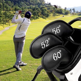 Golf Wedge Cover, Magnetic Club Head Cover Set, 3 pcs (52°, 56°, 60°), Synthetic Leather, Black, Silver Number, Left and Right