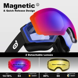 Odoland Unisex Ski Goggles for Men and Women Boys Frameless Snowboard Goggles with Magnetic Interchangeable Lens UV Protection Anti-fog Snow Goggles Helmet Compatible Ski Goggles for Skiing BA