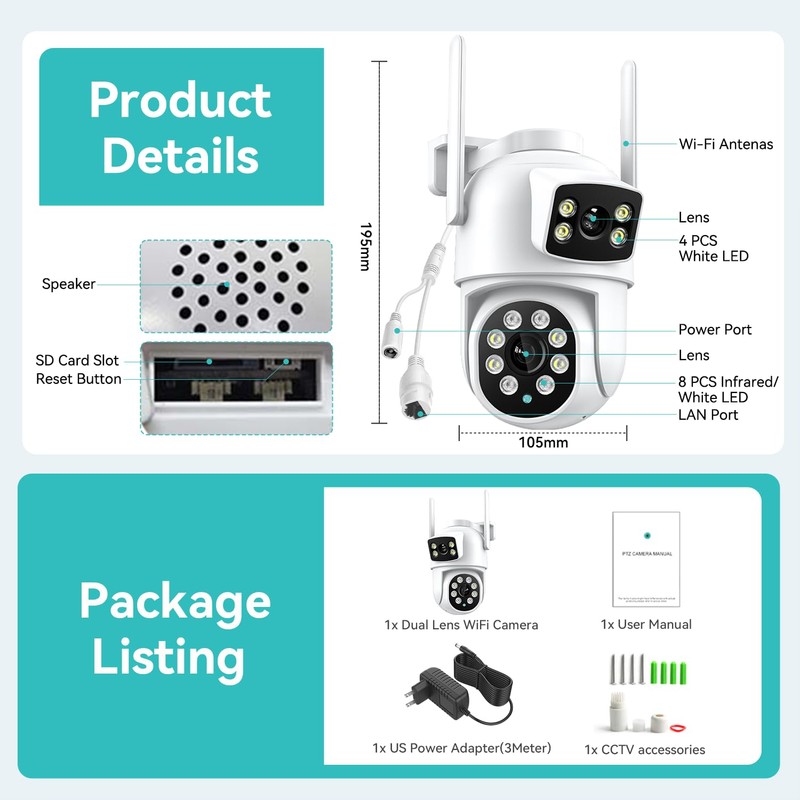 3k 6MP Security Camera Outdoor Dual Lens, 2.4Ghz WiFi 360°PTZ