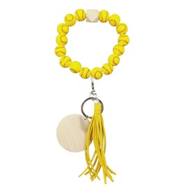 Fuqimanman2020 Wooden Bead Sports Charm Wristlet Keychain Softball Baseball Basketball Football Wood Tassel Key Ring Fans Gift for Women-Softball