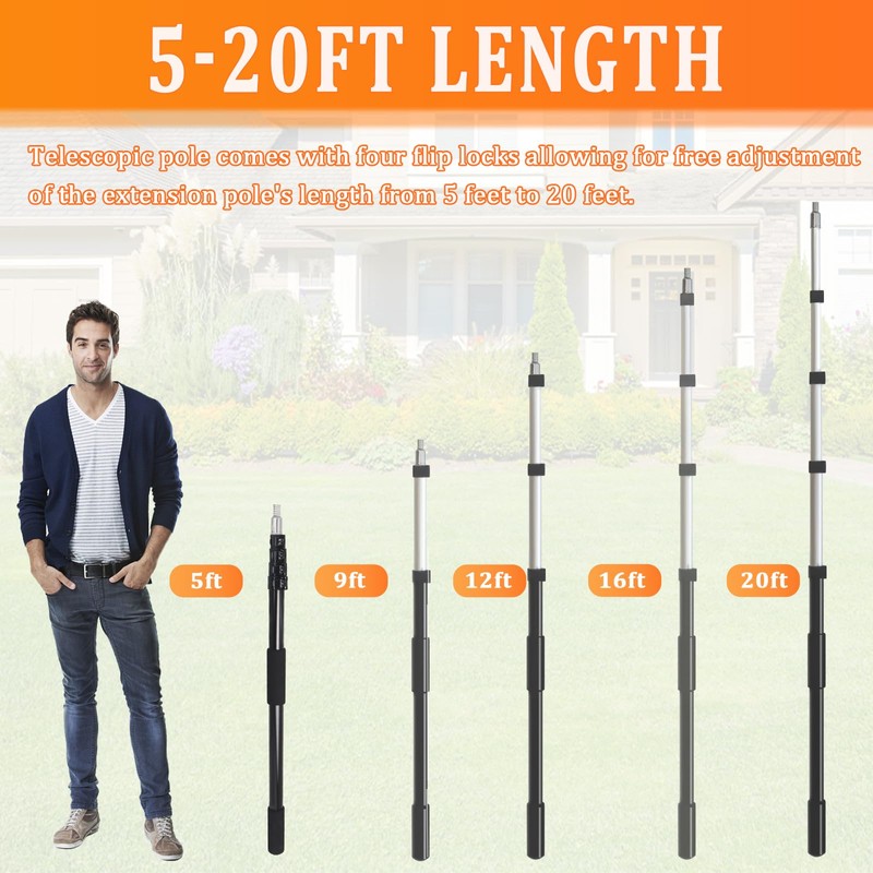 28FT Reach Telescopic Extension Pole, 5-20FT Multi-Purpose Extendable Pole with